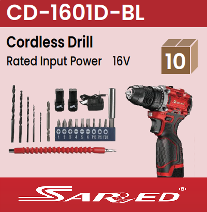 Sarred Cordless Drill Machine with 2 batteries 16V, Charger and Drill bit set