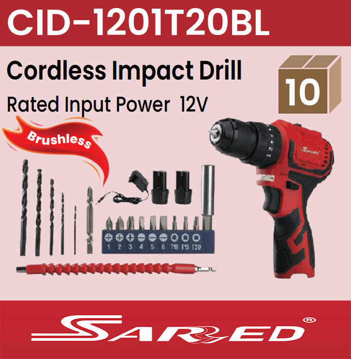 Sarred Cordless and Brushless Impact Drill with 12V battery and bit set