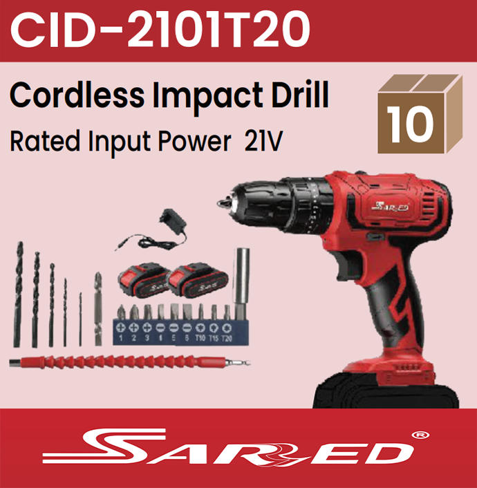 Sarred Cordless Impact Drill with 21V Battery, Charger and drill bit set