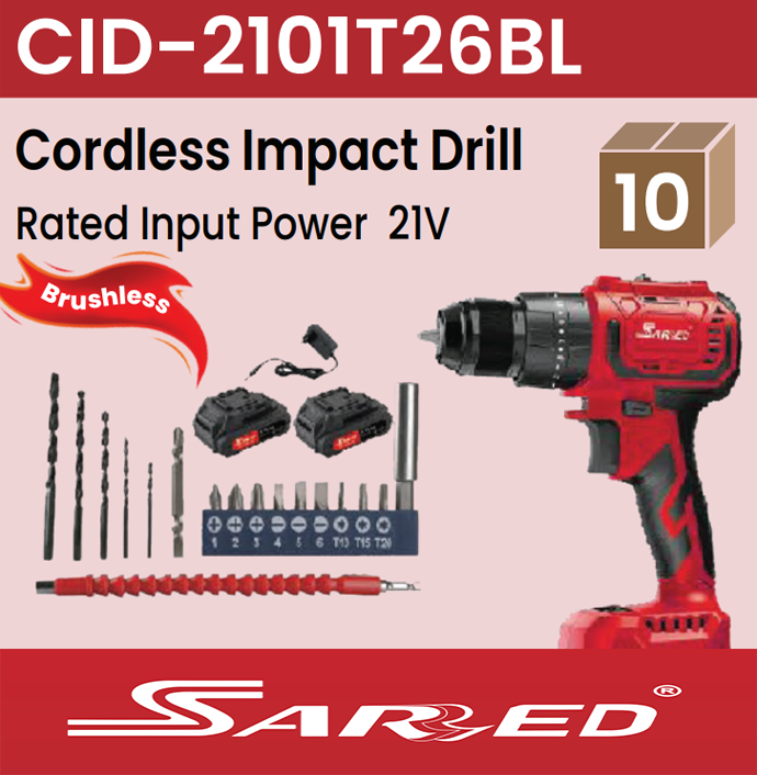 Sarred Cordless Impact Drill Brushless with two 21V battery , charger and drill bit set